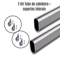 2 Kits Tubo de Cabideiro Oval Arara para Guarda-Roupas + Suportes Laterais e Parafusos