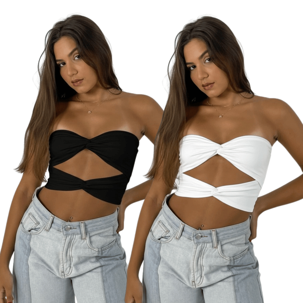 KIT 2: Cropped Feminino Nó Torcido Transpassado Tomara que Caia em Suplex Premium
