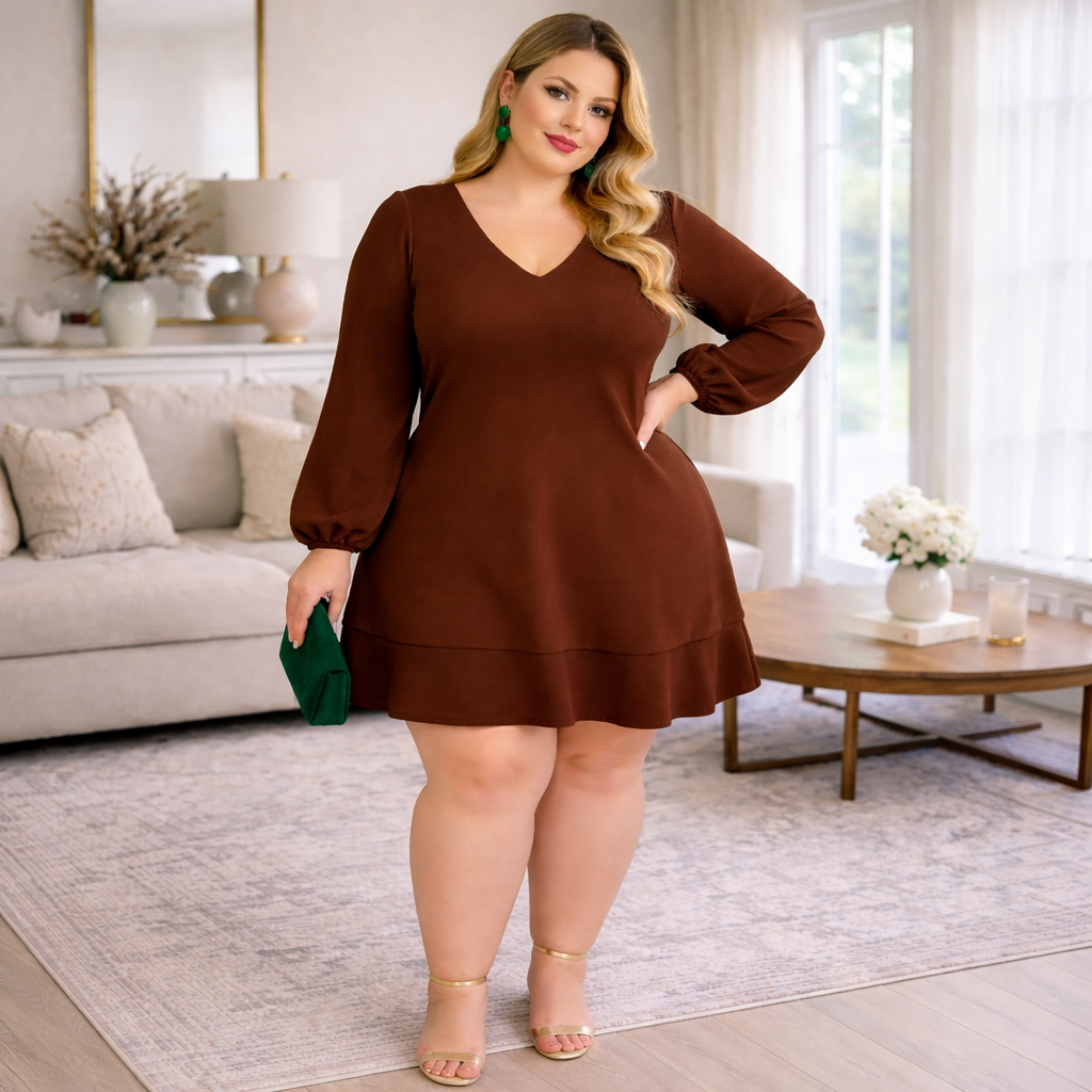 Vestido Feminino Plus Size Manga Longa Duna Valentina  – Clássico & Sofisticado | G1 ao G3