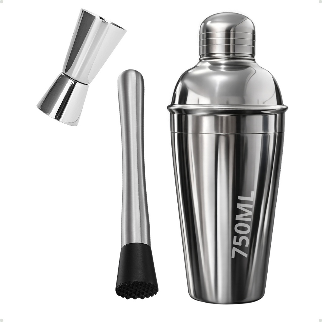 Kit Coqueteleira 750 ml + Socador+ Dosador Inox Profissional