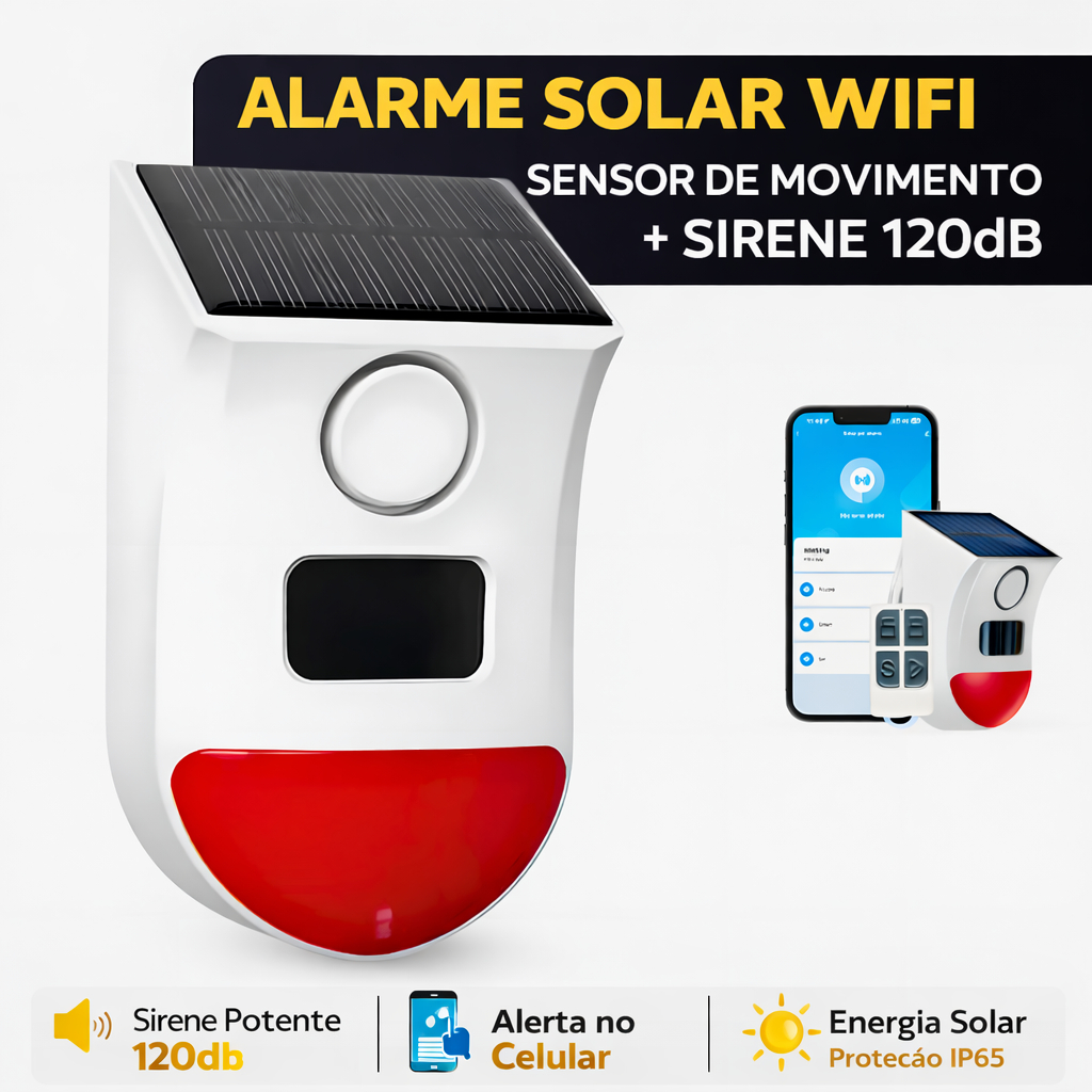 Alarme Solar WiFi Sensor de Movimento Sirene 120dB IP65 Segurança Residencial Comércio Externa Portão Garagem