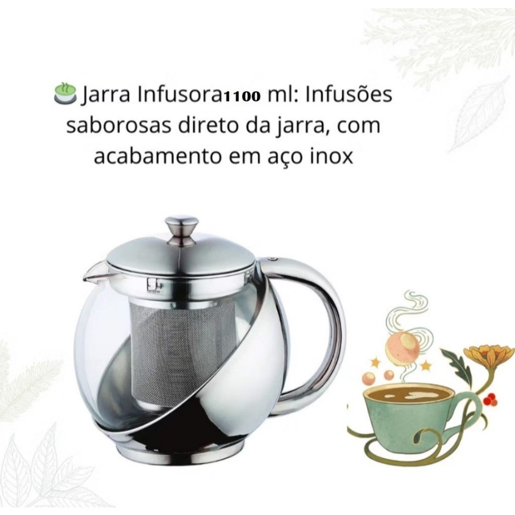 Chaleira Bule De Vidro E Inox Jarra Infusora Com Coador Chá 900ml