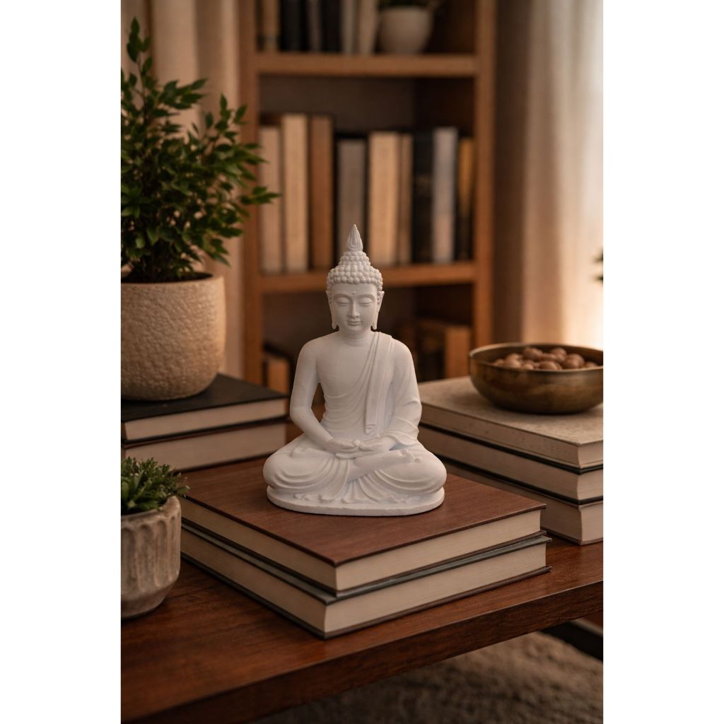 Imagem Buda Decorativo Branco 12cm – Estátua Zen para Decoração Sala Quarto Escritório Yoga Meditação