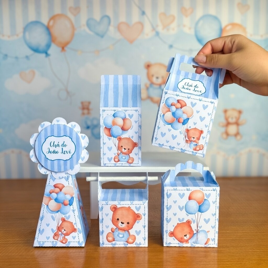 Kit Chá Revelação Ursinho(a) Ursinho Baloeiro Azul - Lembrancinhas - Chá de Bebê Pegue e Monte