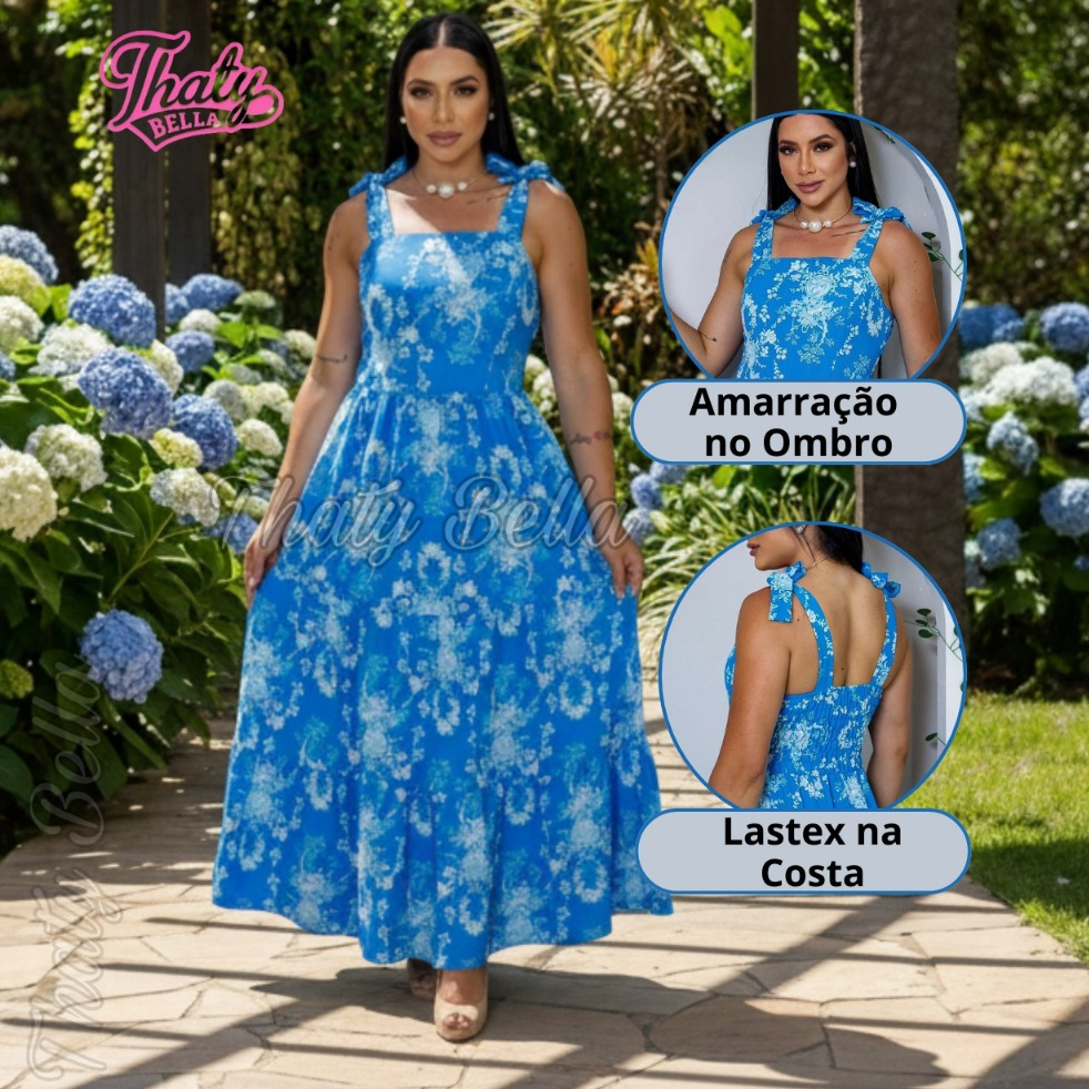 Vestido Feminino Longo Tecido Crepinho Alça Amarração e Bojo Elastex na Costa Verão Elegante Leve e Confortável