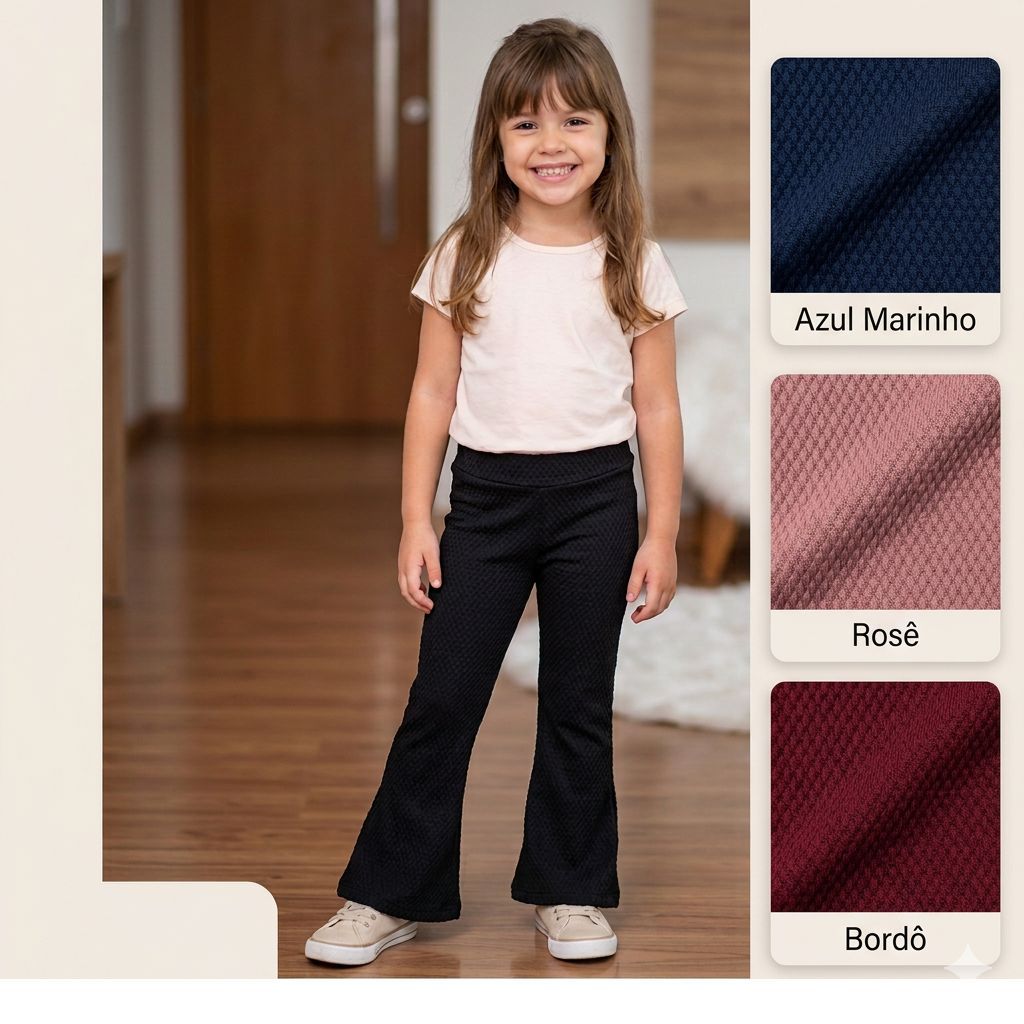 Calça Flare Infantil e Juvenil 2 ao 16 - Calça Bailarina Boca de Sino. Calça Menina Colmeia