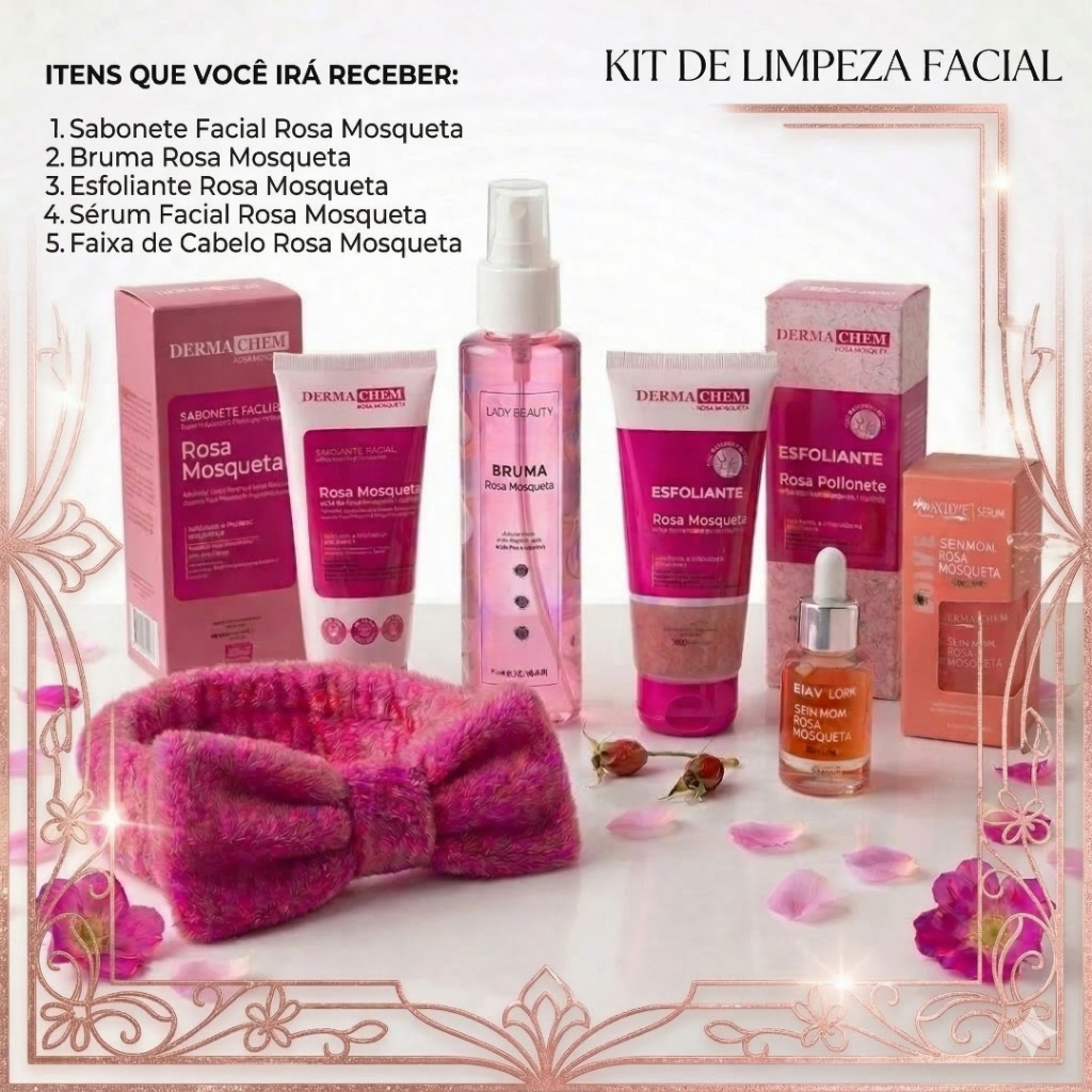 Kit Skincare Rosa Mosqueta 5 Itens Completo Sabonete Bruma Esfoliante Sérum e Faixa Dia Das Mães em Oferta na Shopee