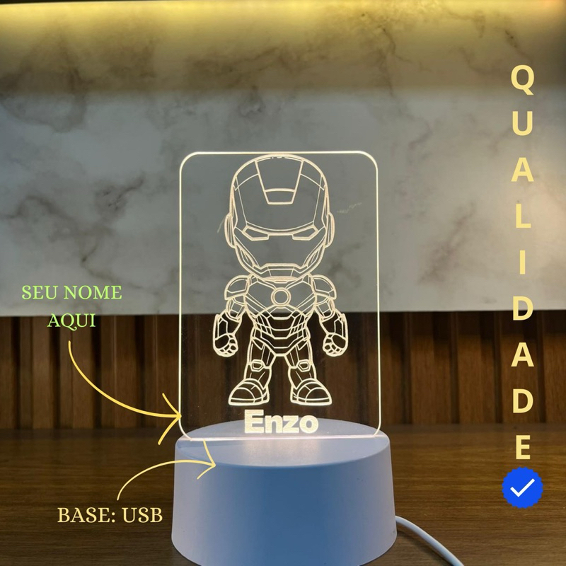 🤖 Luminária Infantil Inspirada no Homem de Ferro – LED USB com Nome