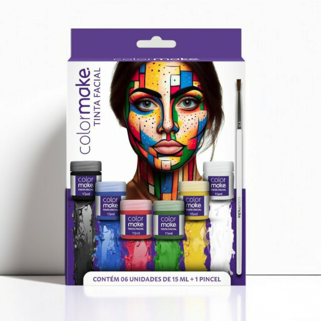 Kit Tinta Liquída Facial Colormake 6 Cores 15ml + Pincel Maquiagem Artística, Festas, Eventos