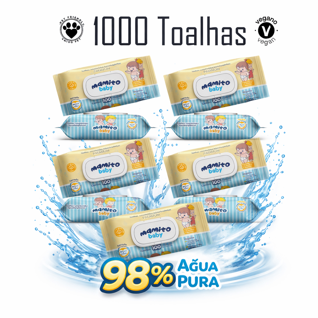 Kit com 10 Pacotes de Toalhas Umedecidas Mamito Baby Premium - 100 Folhas 20x13 cm - 98% Água