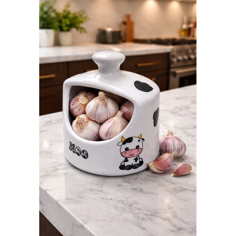 Porta Alho Vaquinha Moo em Porcelana– Organizador de Alho Fofo e Decorativo para Cozinha