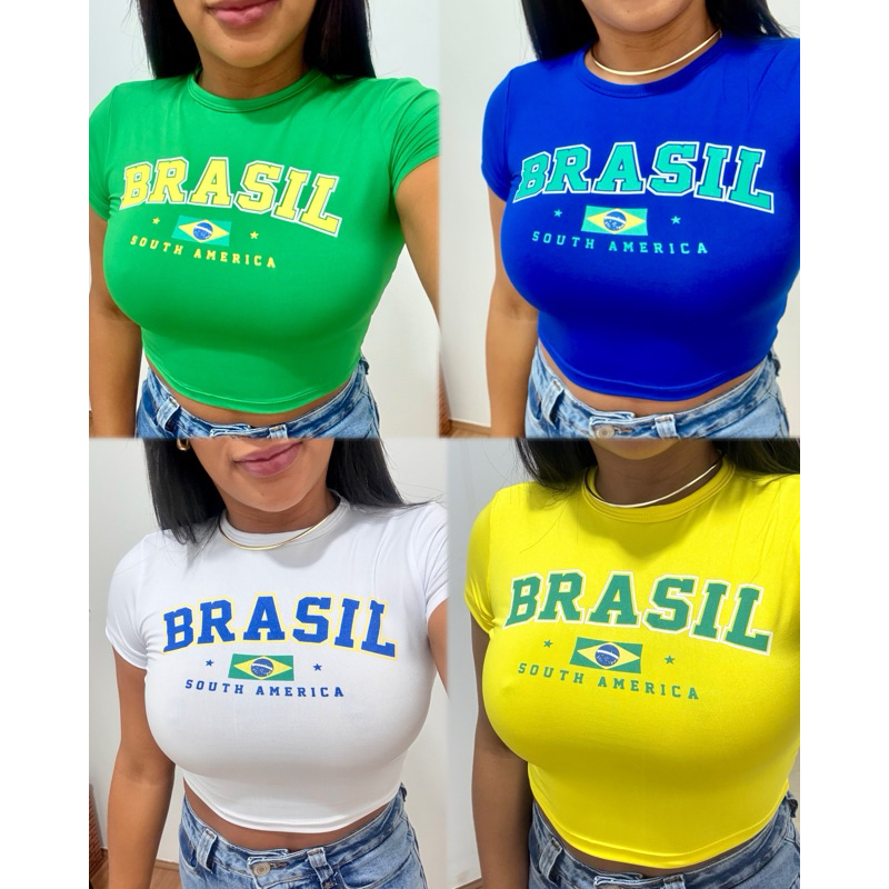 Blusa Brasil Feminina Cropped Manga Curta Justa Elastano Look Copa Torcedora