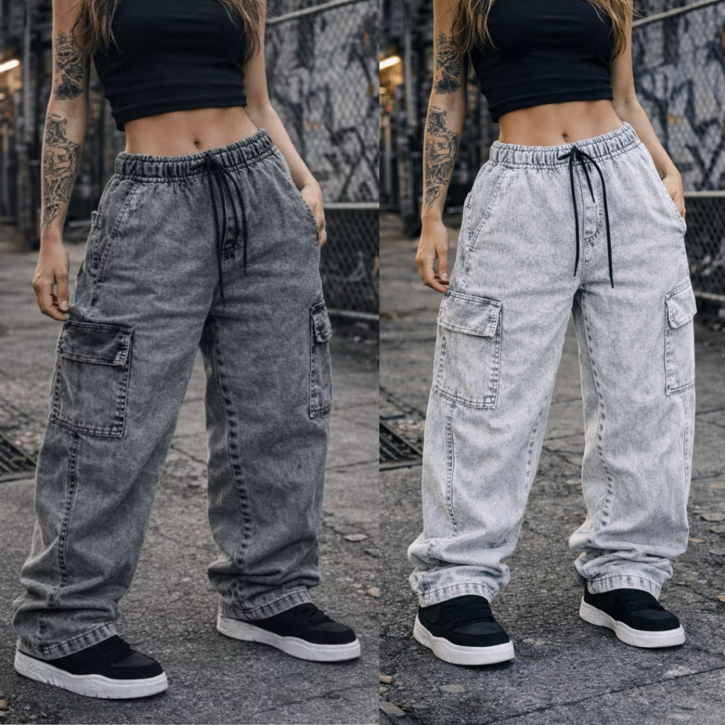Calças cargo wide leg Feminina balão bolso lateral street wear
