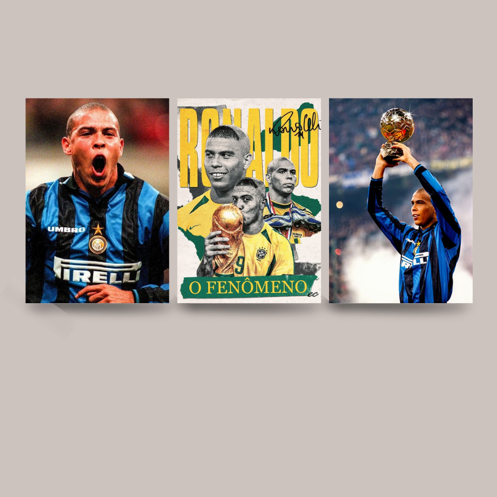 Kit Quadros Decorativos 3 Peças Ronaldo Fenômeno Brasil Real Madrid Inter Milan Copa Mundo 2002 R9