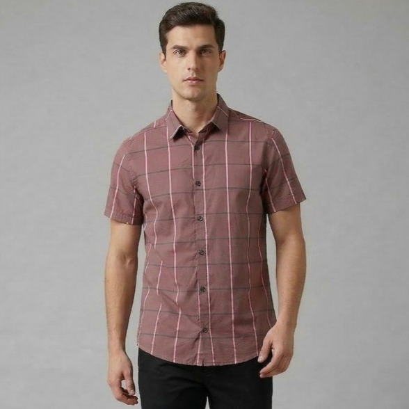 Camisa Masculina Xadrez Janela Manga Curta Slim 100% Algodão Casual