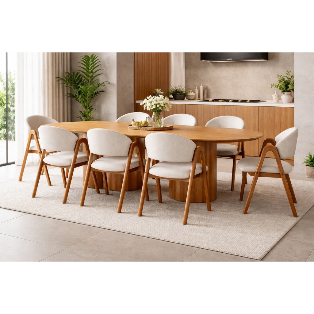 Mesa de Jantar Aracaju 2.20m Laminado em Madeira Design Orgânico com  6/8 Cadeiras Estofadas Premium