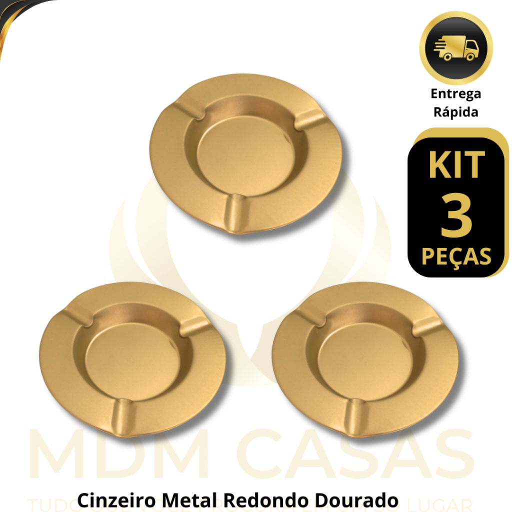 Cinzeiro Redondo Dourado Metal Resistente Lavável