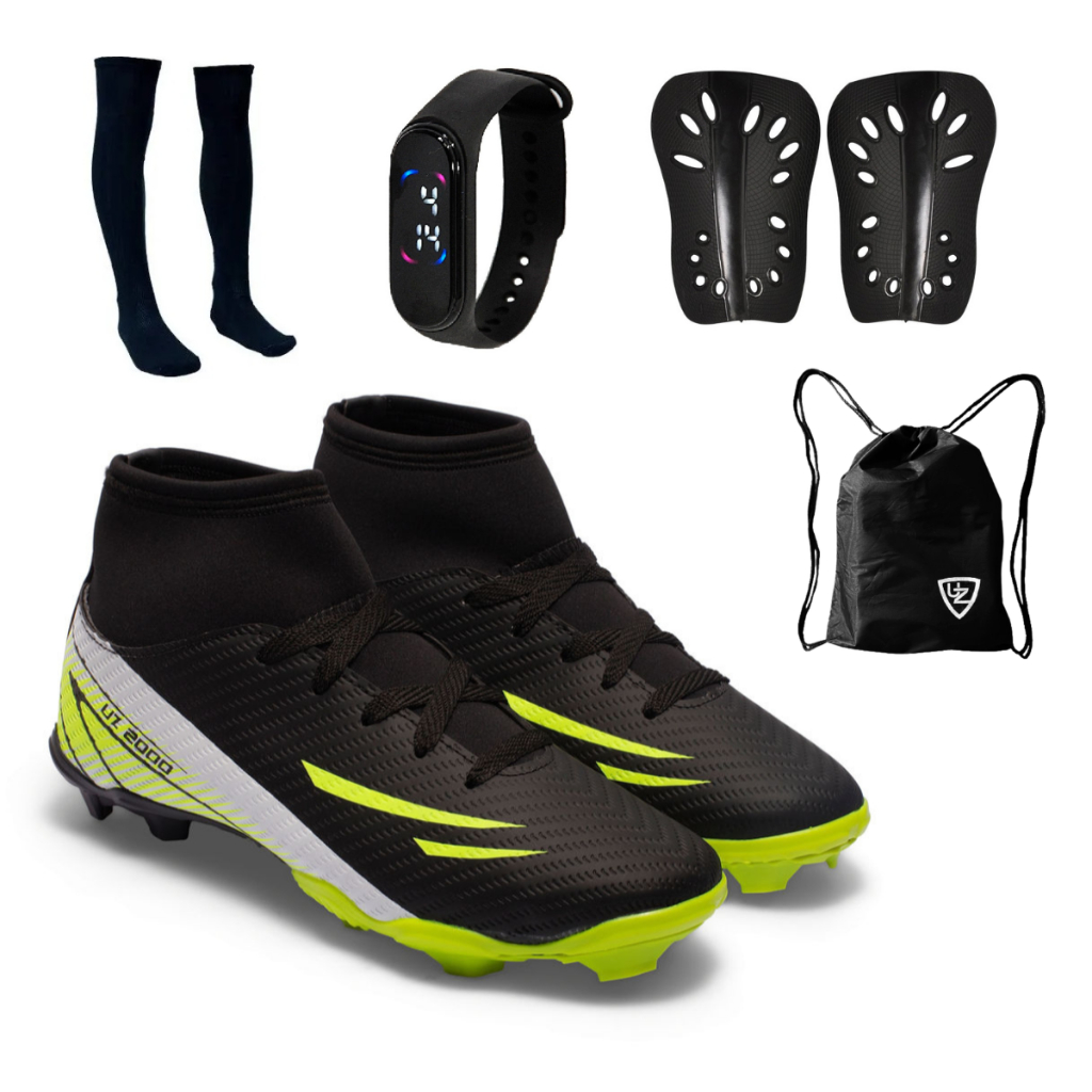 Chuteira Campo UZ 2000 Botinha Cano Alto Adulto Uzze Sport Lançamento + Meião Relógio Caneleira Mochila