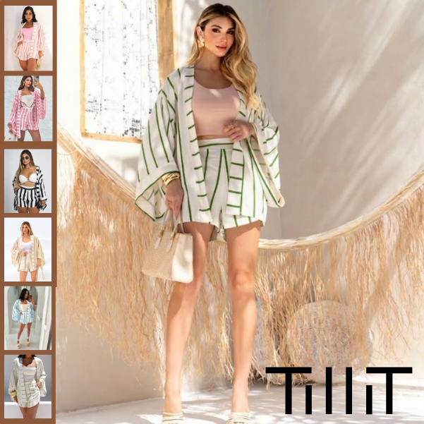 Conjunto Feminino 2 Peças Kimono + Shorts em Viscolinho Camisa Short Elegante Listrado