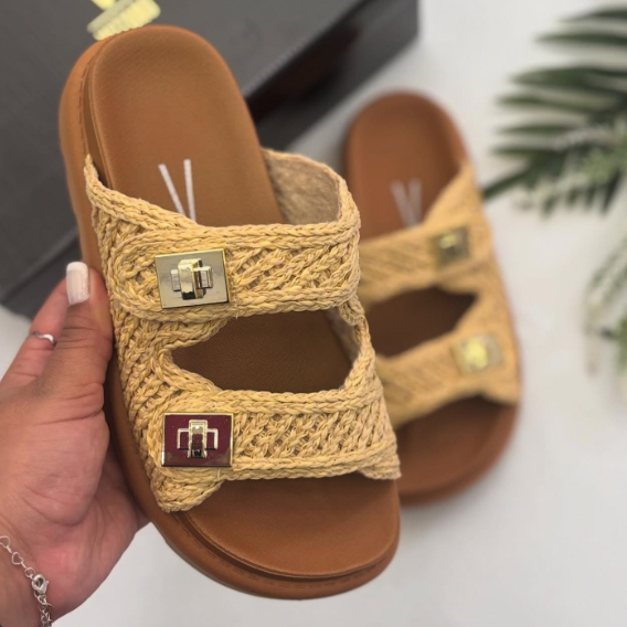 Sandália Papete Vizzano Feminina Flatform Birken Palha Duas Fivelas Conforto 6510.119