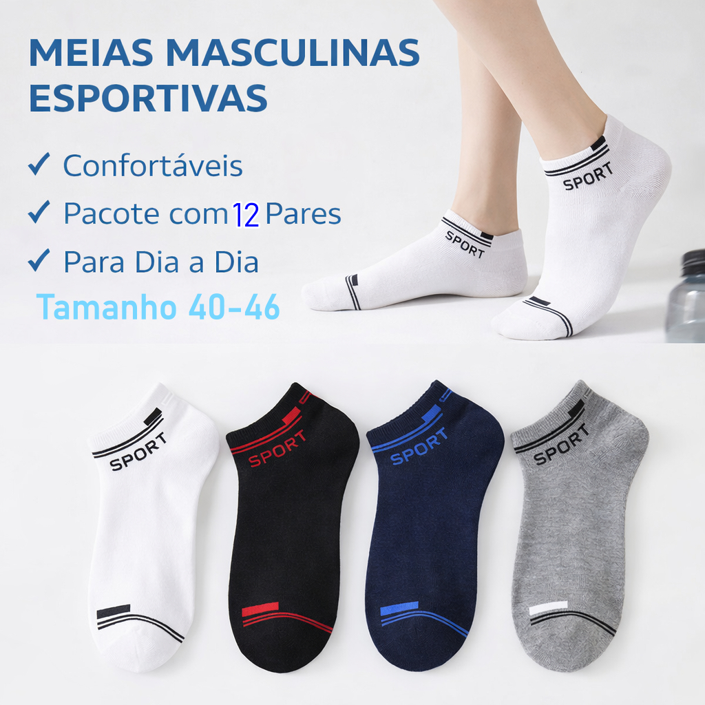 Kit 12 Pares Meias Masculinas Esportivas Cano Curto Confortáveis para Dia a Dia