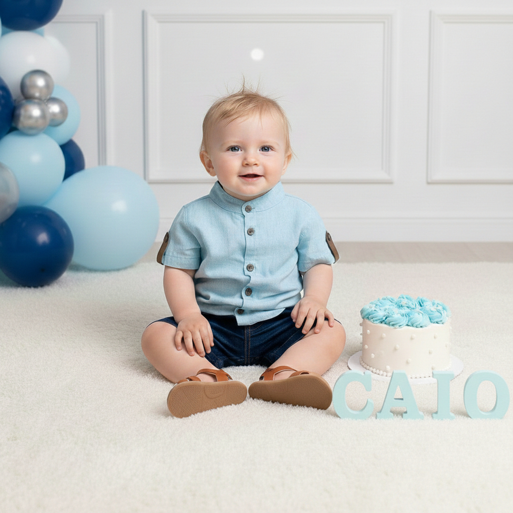 Conjunto Infantil Menino Roupa Azul Bebê Camisa Social com Botões Shorts Jeans Estilo Atual