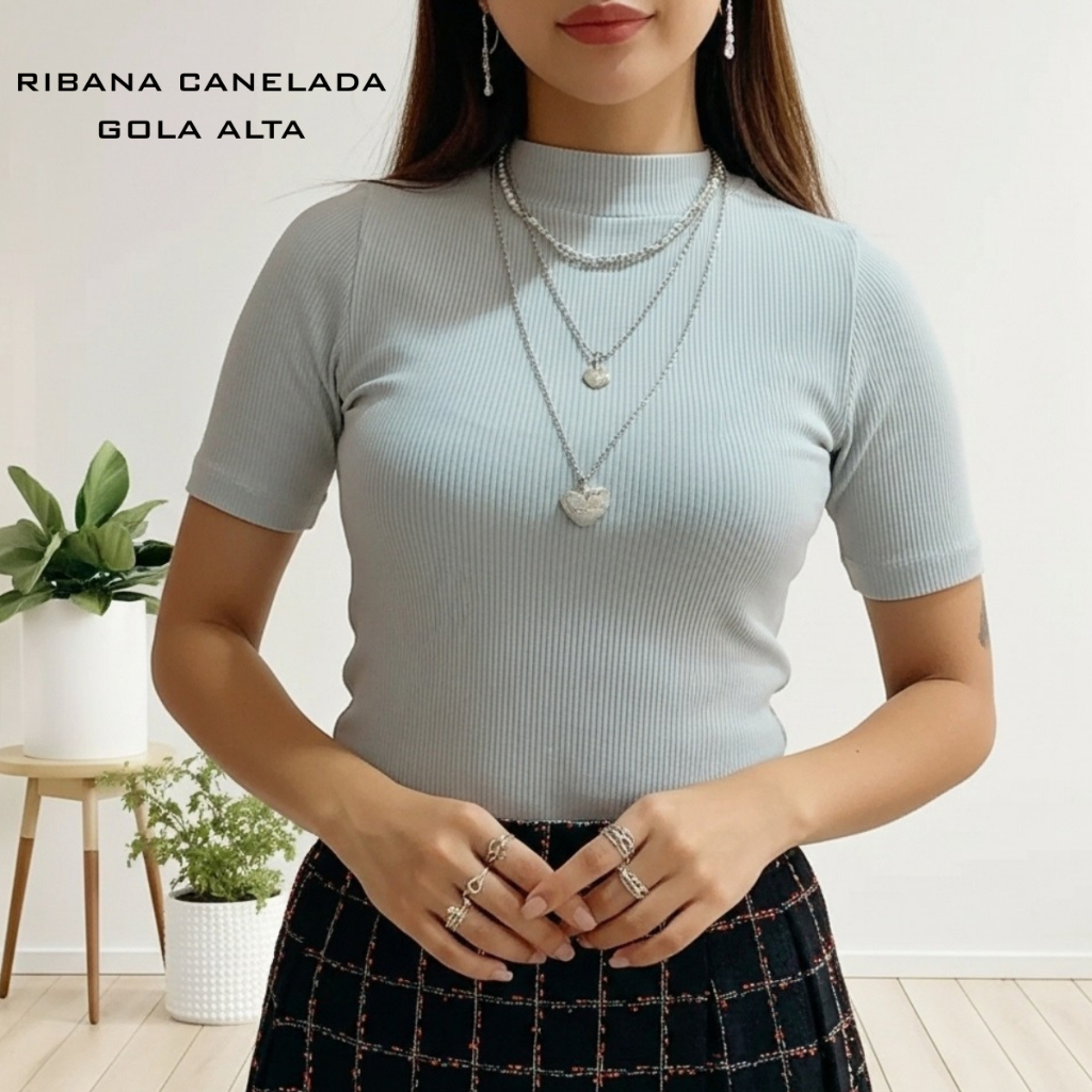 Kit 2 Peças Blusas Feminina Canelada Gola Alta Premium Manga Curta Feminina Estilosa E Moderna Lisa