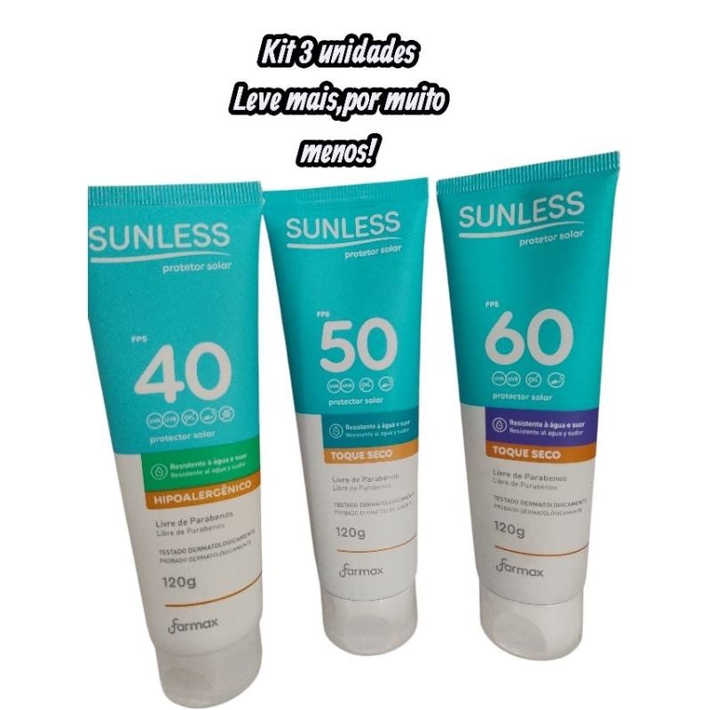Kit 3 Protetor Solar Sunless 120g - FPS 40, 50 e 60 Toque Seco - Oferta Especial Farmax