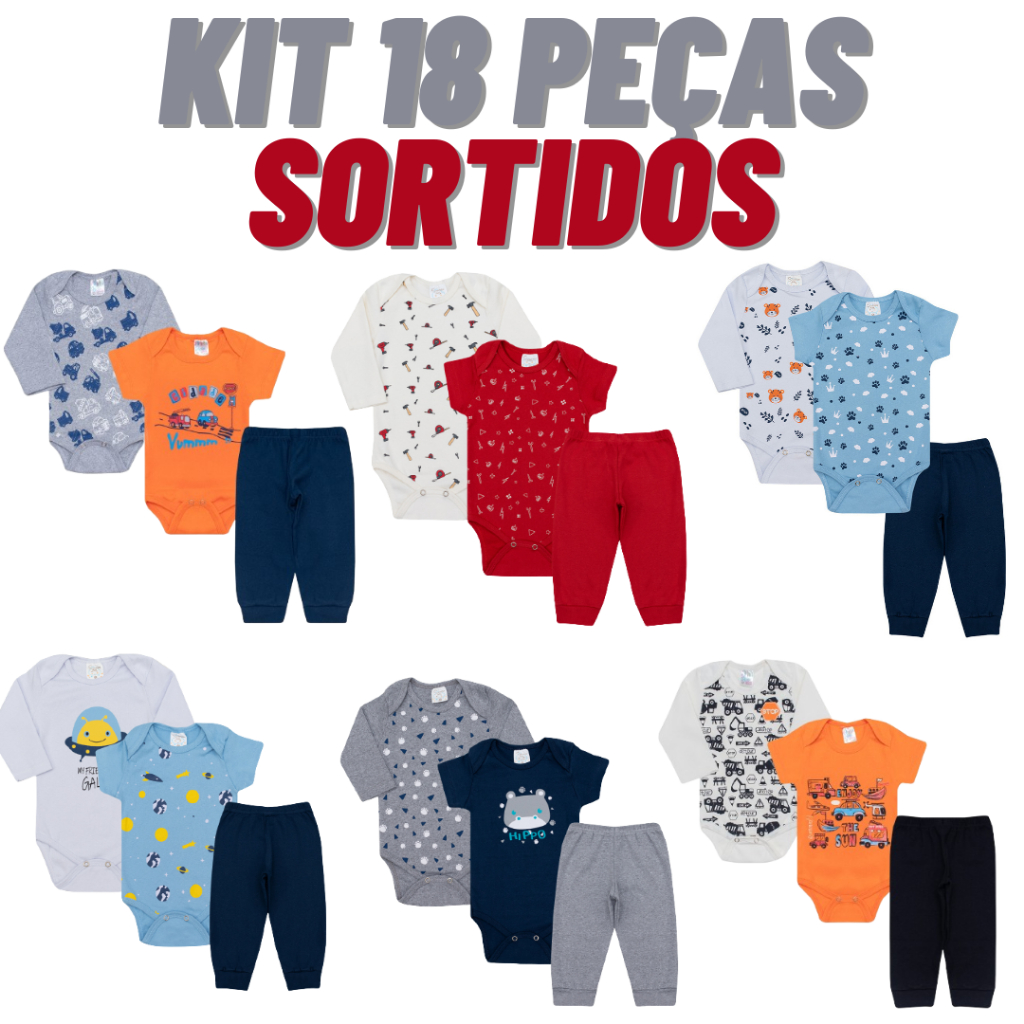 Kit body Bebê 18 peças, Manga Longa, Manga Curta e Calça Roupas de Bebê Conjunto de Bebê