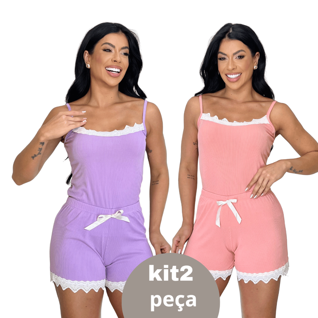 Kit 2 Pijamas Baby Doll Sexy Short Doll Canelado Premium Feminino Detalhe de Renda Luxo Sem Bojo