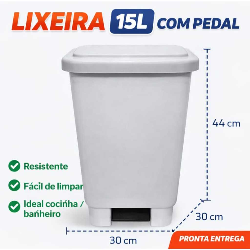 Lixeira 15L c/ Pedal Branco  Resistente Cozinha Restaurante Hospital
