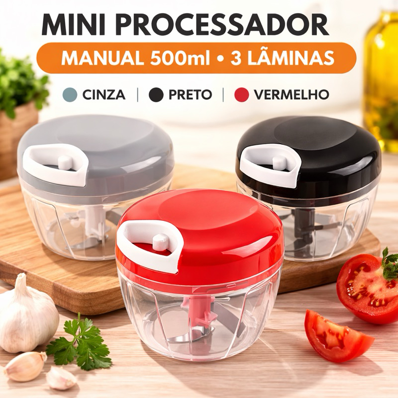Mini Processador Manual 500ml com 3 Lâminas Inox – Triturador de Alimentos Portátil com Corda (Cores Sortidas)
