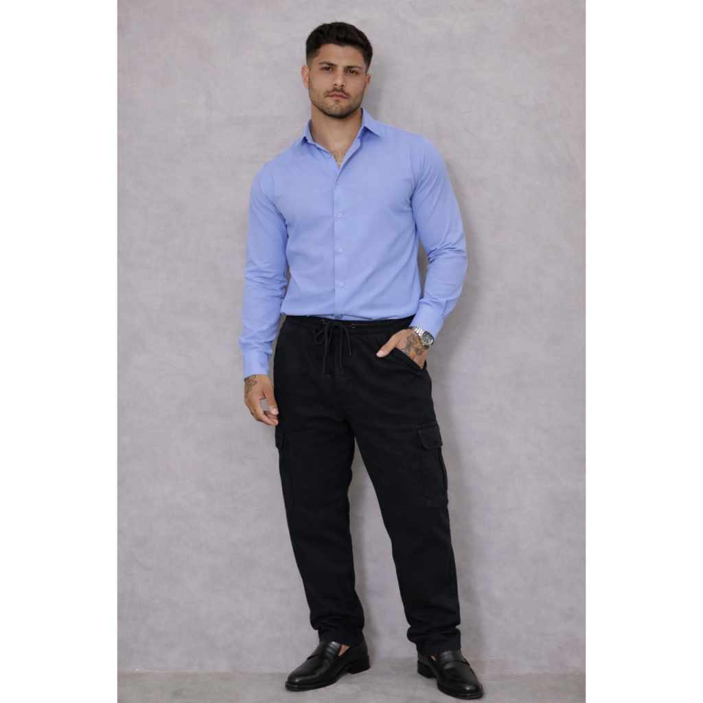 Conjunto Masculino Expo Dim Camisa Social Masculina Camisa Manga Longa + Calça Cargo Elástico