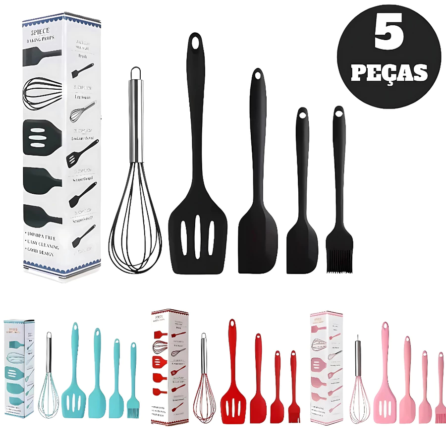 Kit Utensílios de Cozinha Silicone 5 Peças Resistente ao Calor Antiaderente Completo