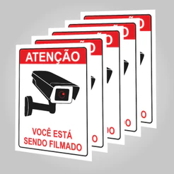 Kit 5 Placas Ambiente monitorado Monitoramento 24 horas Plaquinhas Voce esta sendo filmado c Dupla Face 5 e 10 unidades
