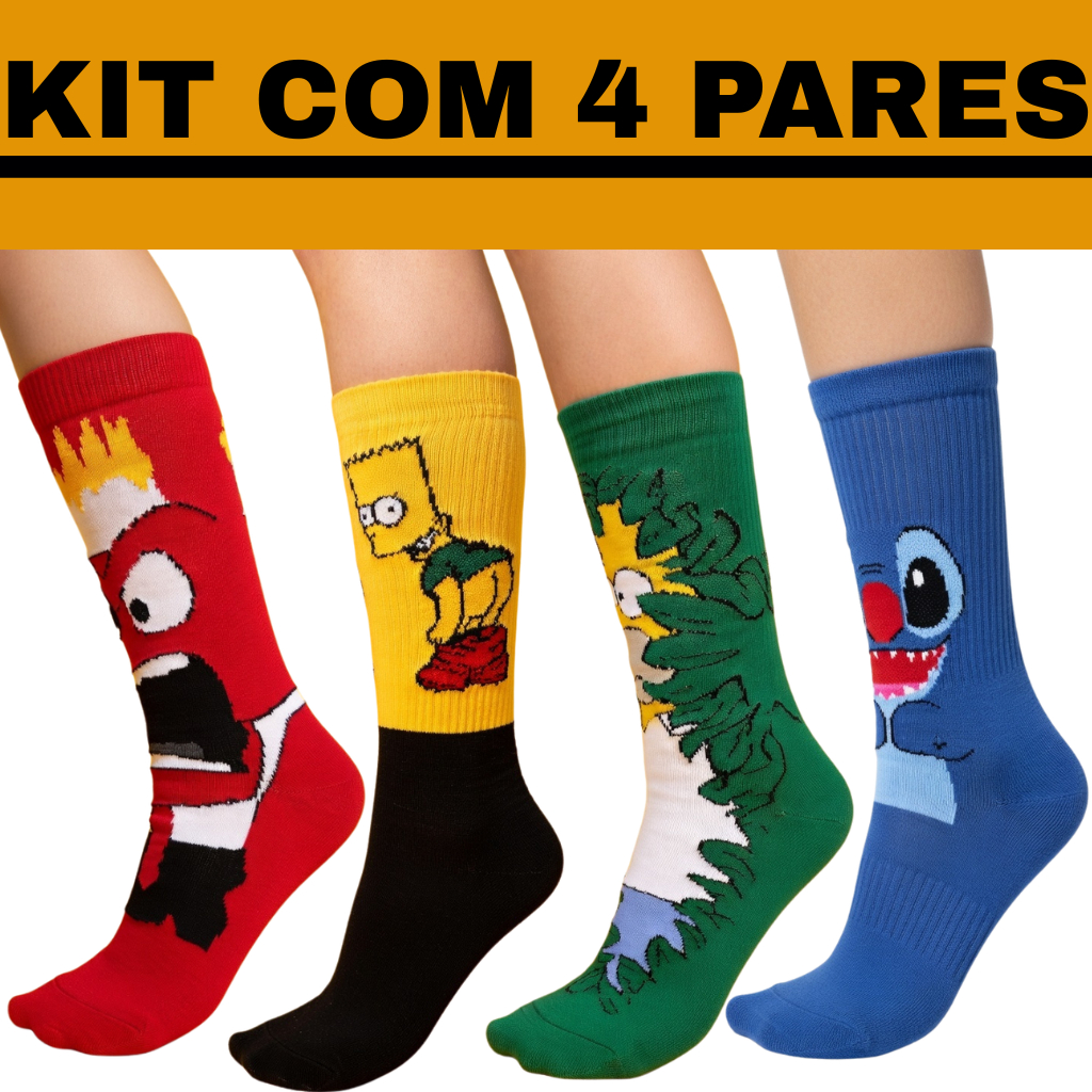 Kit 4 Pares de Meias | PERSONAGENS | Unissex – Confortáveis e Estilosas para Adultos