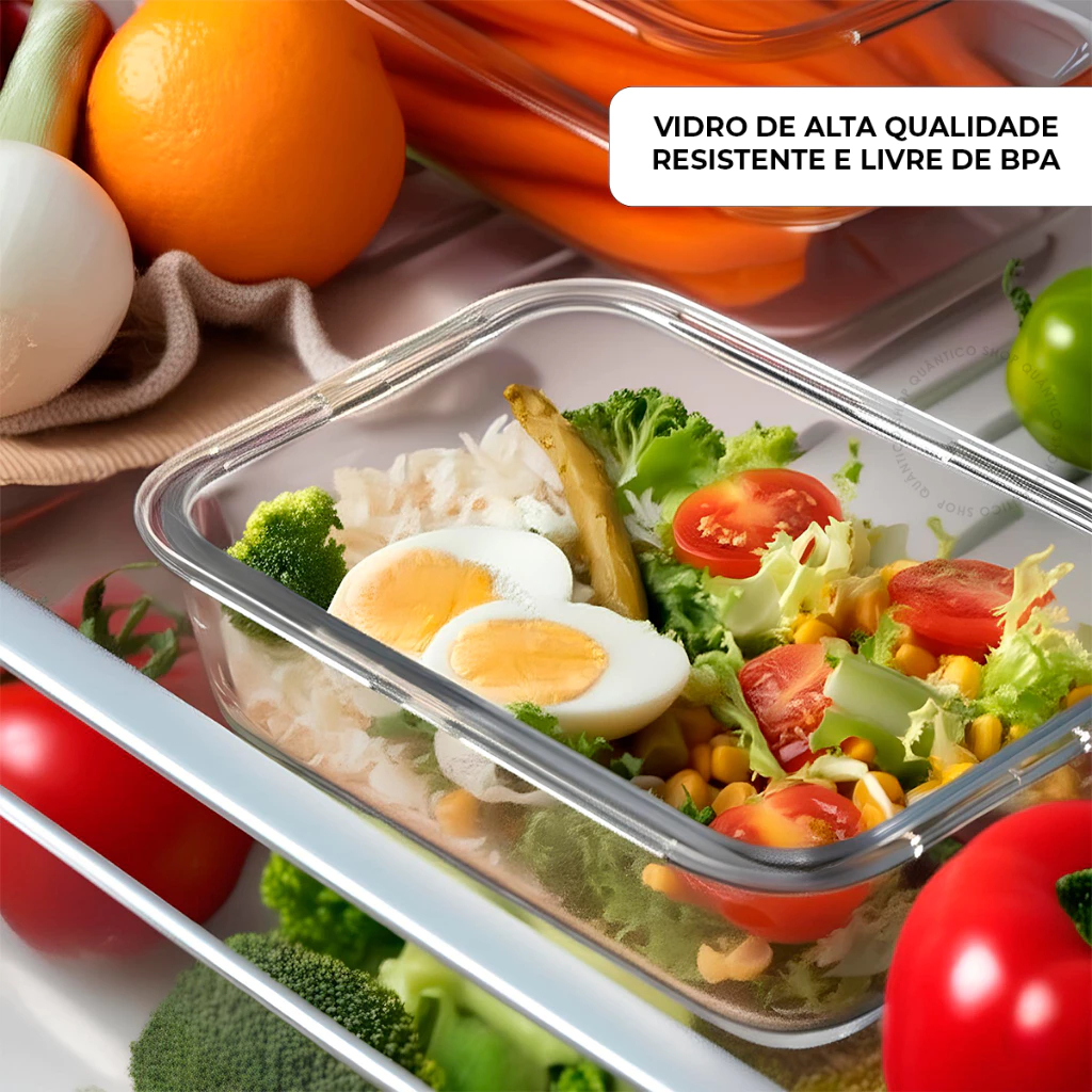 Kit 6 Potes Herméticos Vidro 640ml Retangular Tampa 4 Travas Marmita Freezer Cozinha