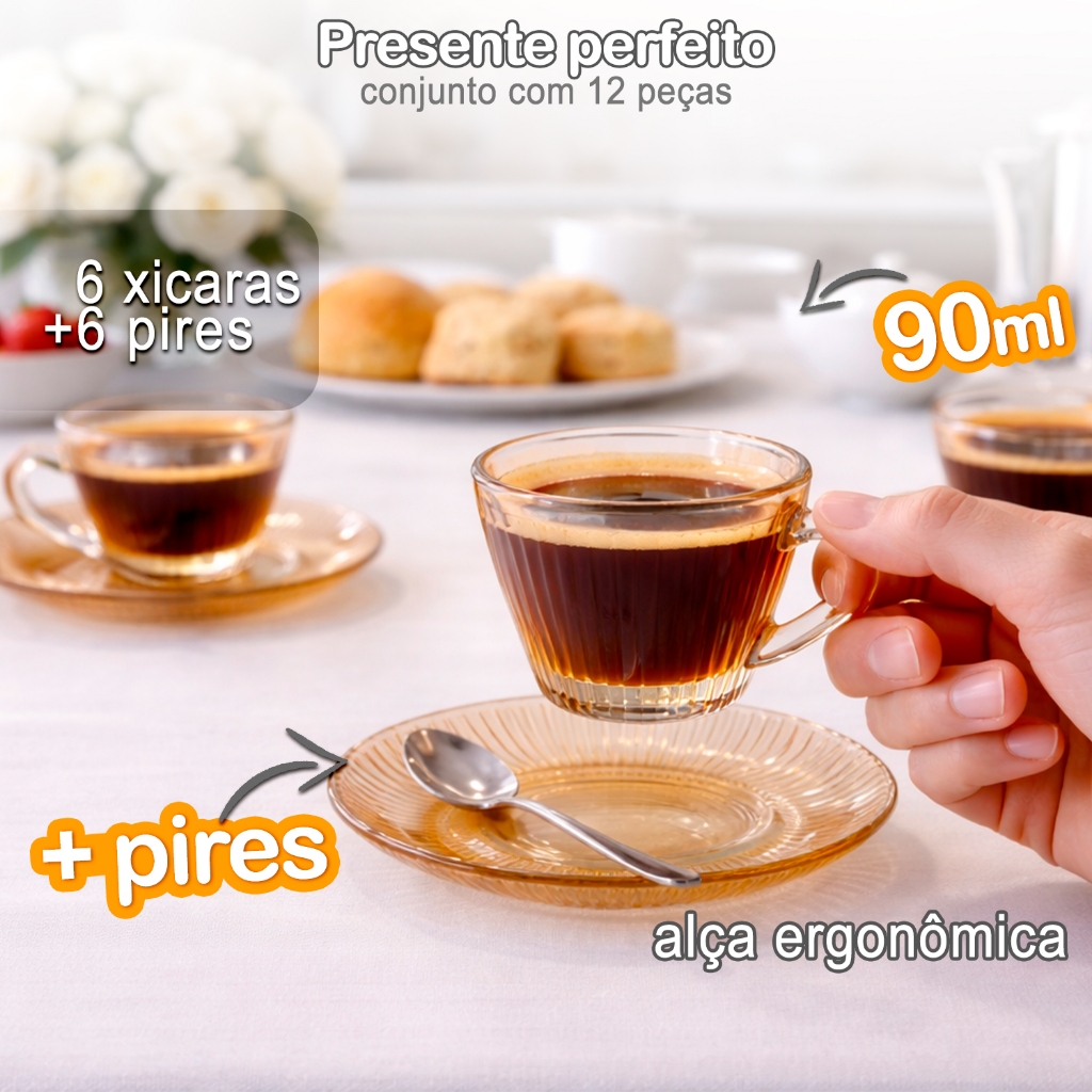 Conjunto 6 Xícaras de Café Vidro Âmbar com Pires 90ml