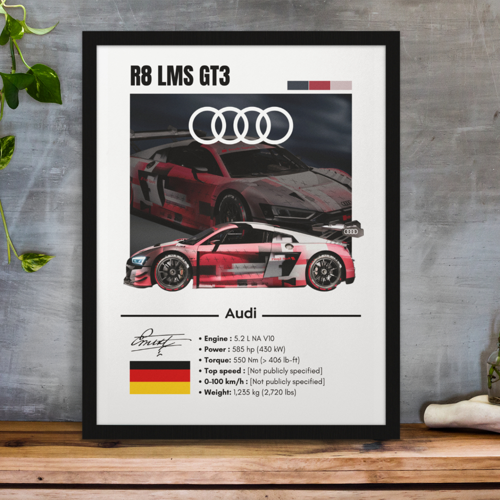 Quadro Audi R8 LMS GT3 2019 A3 Decorativo Esportivo Para Sala ou Quarto