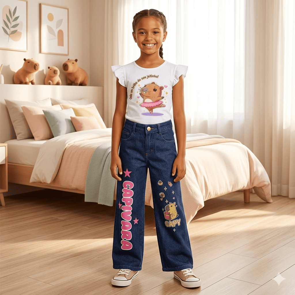 Conjunto Infantil Menina Calça Jeans Feminina Wide Leg com Regulagem na Cintura Blusa Capivara - Escuro