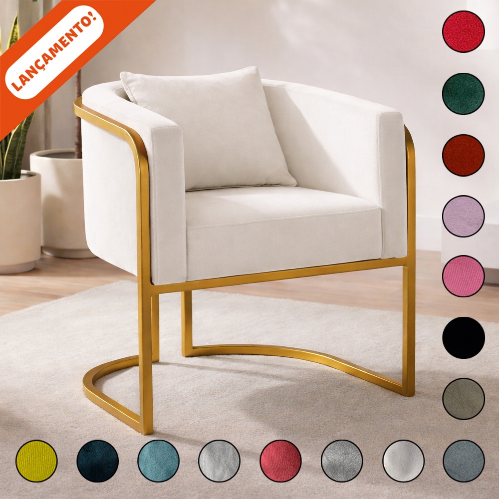 Poltrona Para Sala Decorativa Lavinia Luna Base de Ferro Dourada Suede Aninha Poltronas