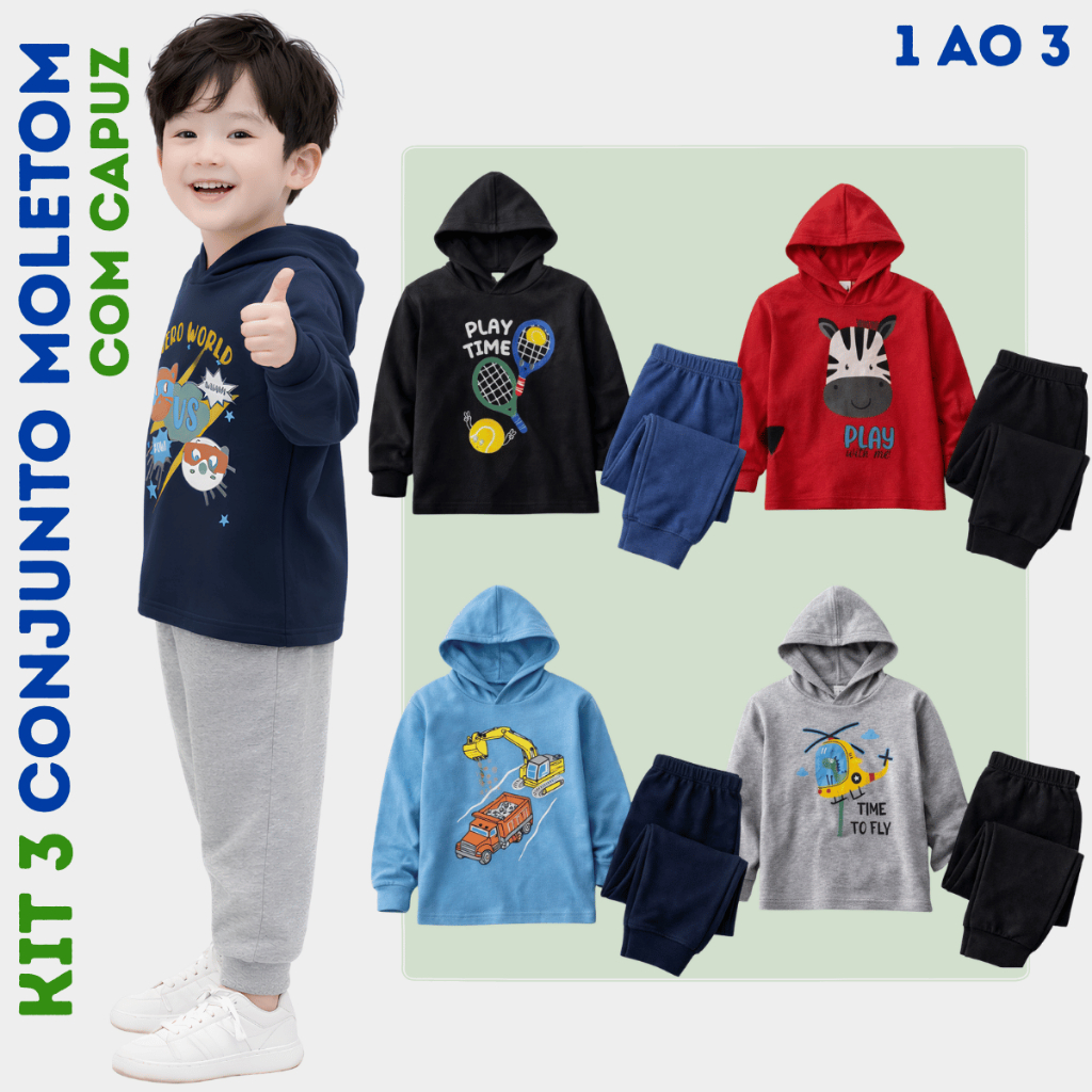Kit 3 Conjunto Capuz Moletom Inverno Masculino Tam 1 ao 3 Estampado Confortável Gatinho Escola Macio