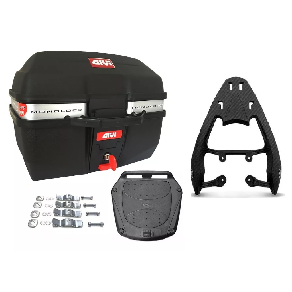 KIT BAÚ MOTO 27L MonoLOCK TRAFFIC E27M + BAGAGEIRO SCAM Churrasqueira Grelha Fan Start 160 Preto
