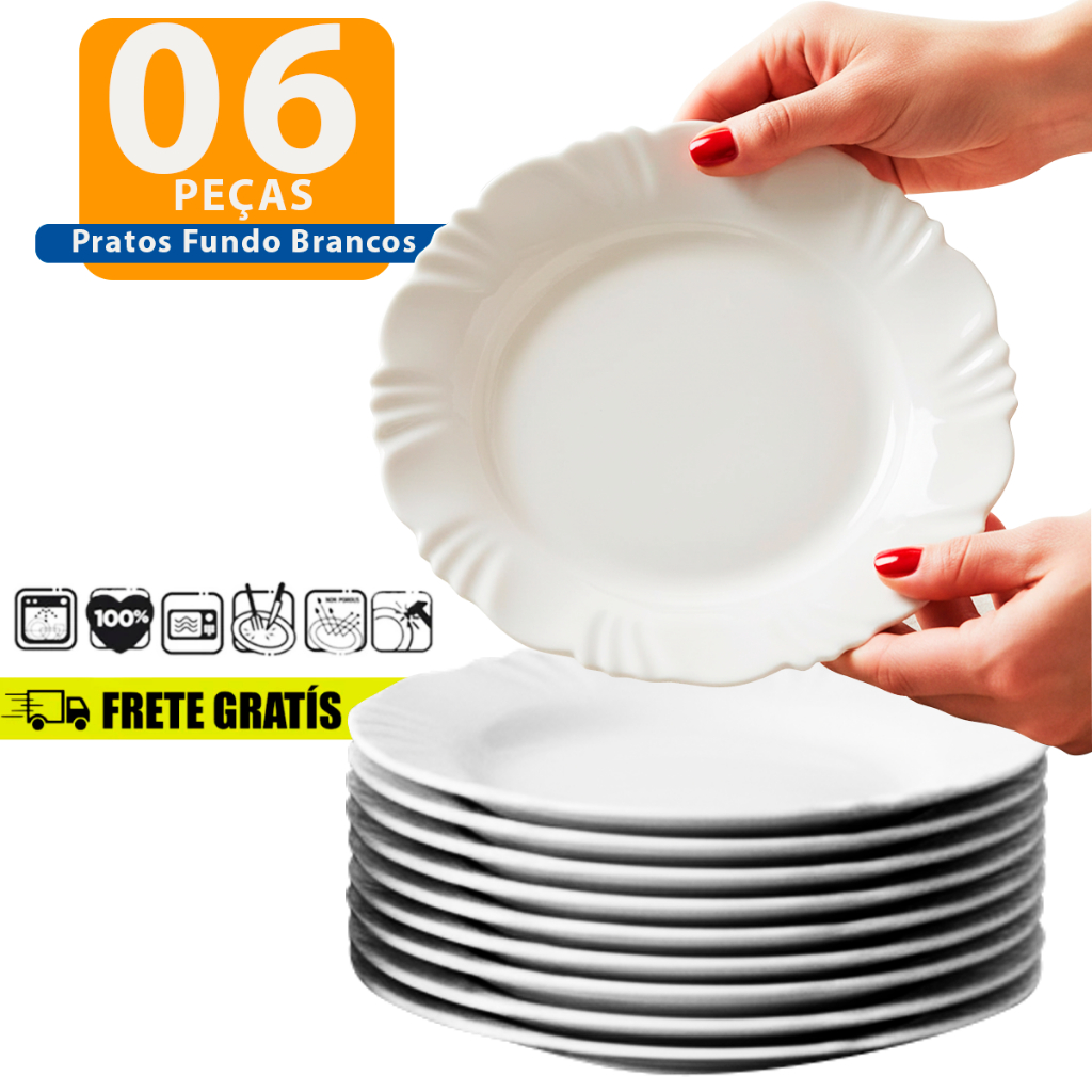 Jogo 6 Pratos Vidro Duralex Linha Pétala Branco Fundo 23,5cm Resistente Vidro Temperado Branco