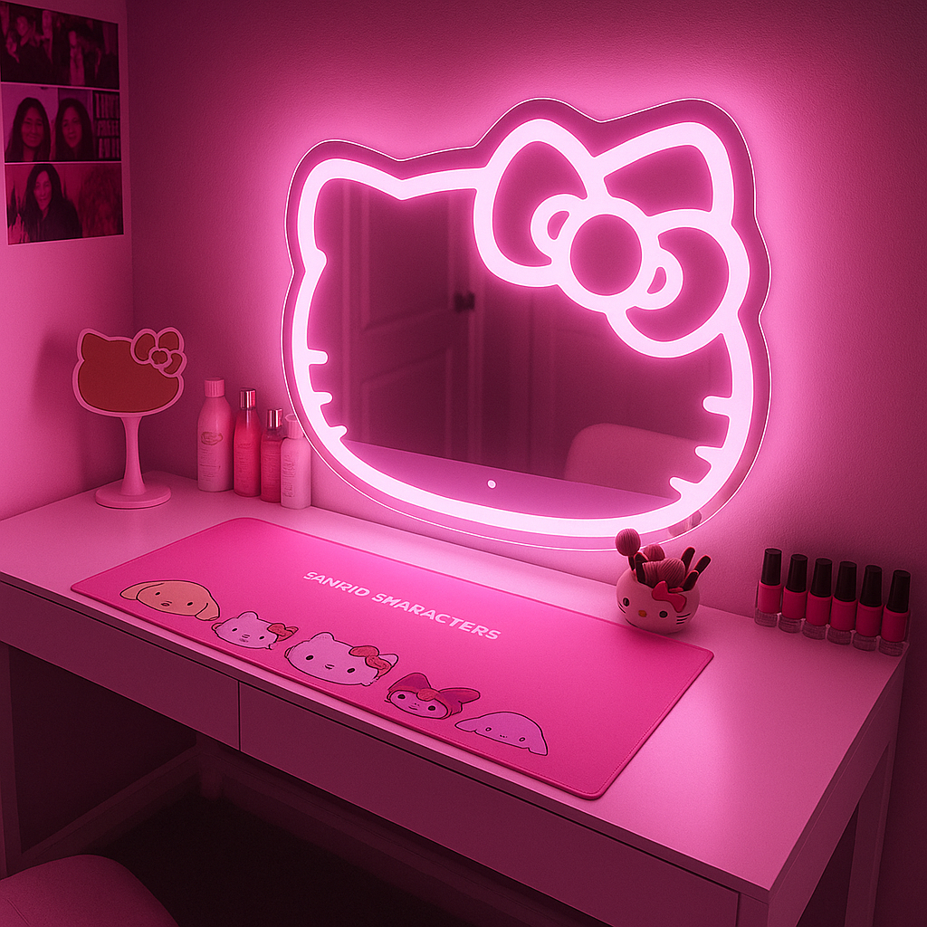 Espelho Infantil de Penteadeira Gatinho Hello Kitty Com Led Três Cores e Botão Touch 70x65 cm