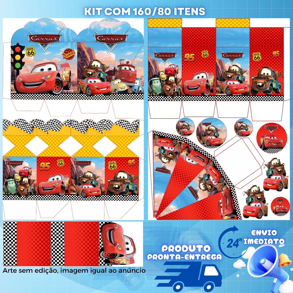 KIT LEMBRANCINHAS TEMA CARROS RELÂMPAGO MCQUEEN COM 160/80 ITENS (sem nome) - ENVIO 24H em Oferta na Shopee