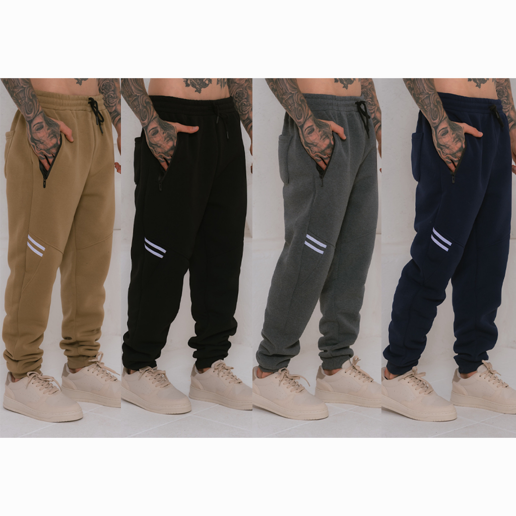 Kit  2 peça Calça moletom  cargo com lã masculinas /Bolsos com ziper /Cintura elástica entre 4cores aleatório 2 peça