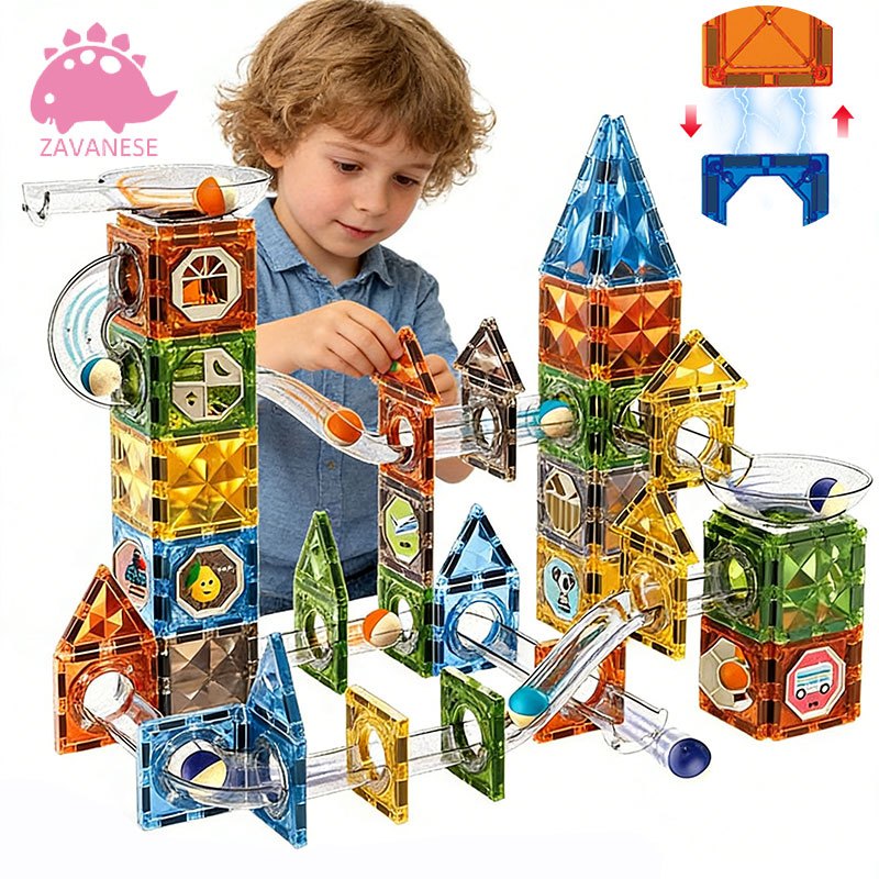 ZAVANESE Blocos Magnéticos com Trilhos e Bolinhas Brinquedo Educativo STEM 68 ou 142 Peças 3+