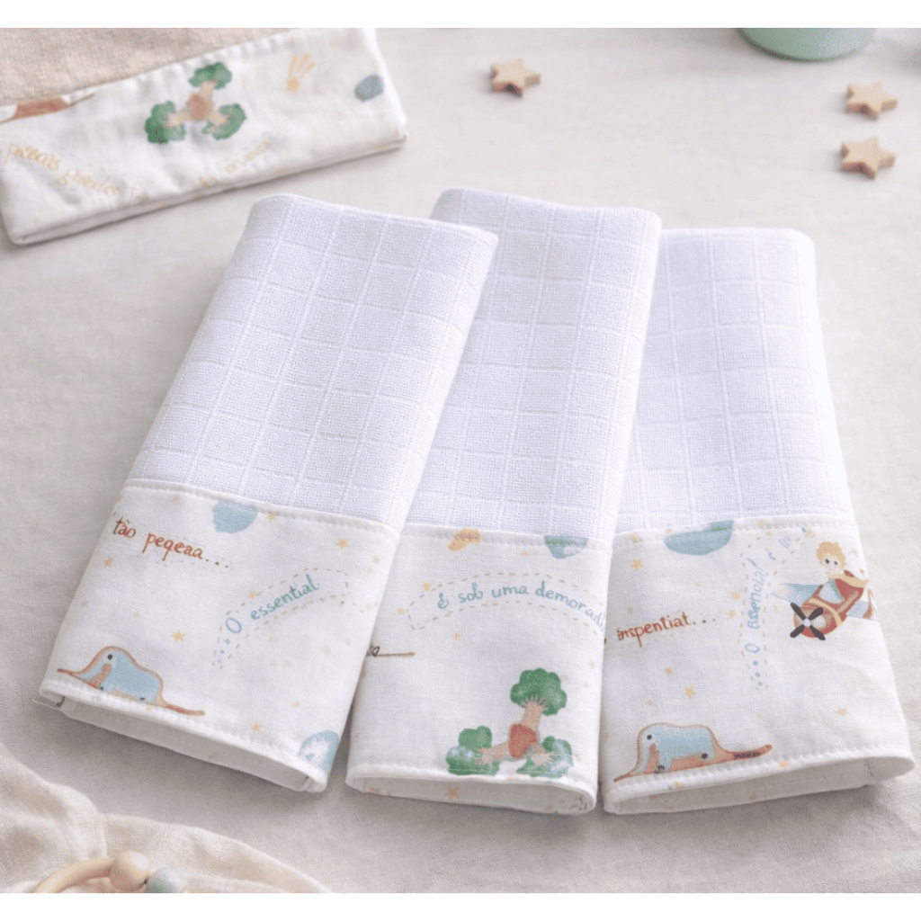 Kit 3 Fraldas de Boca O Pequeno Príncipe 100% Algodão com Saquinho Presenteável Ceci Petit Home