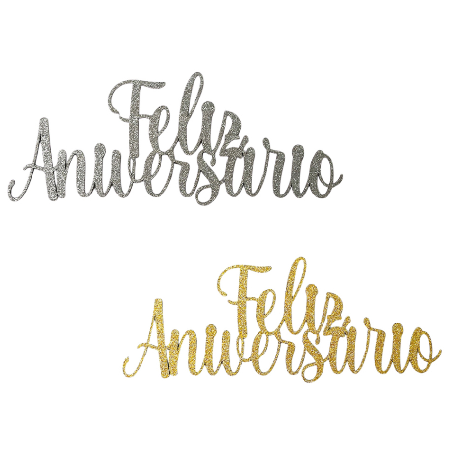 Letreiros Feliz Aniversário Mdf Brilhante Kit 2 Cores Festa Prata e Dourado